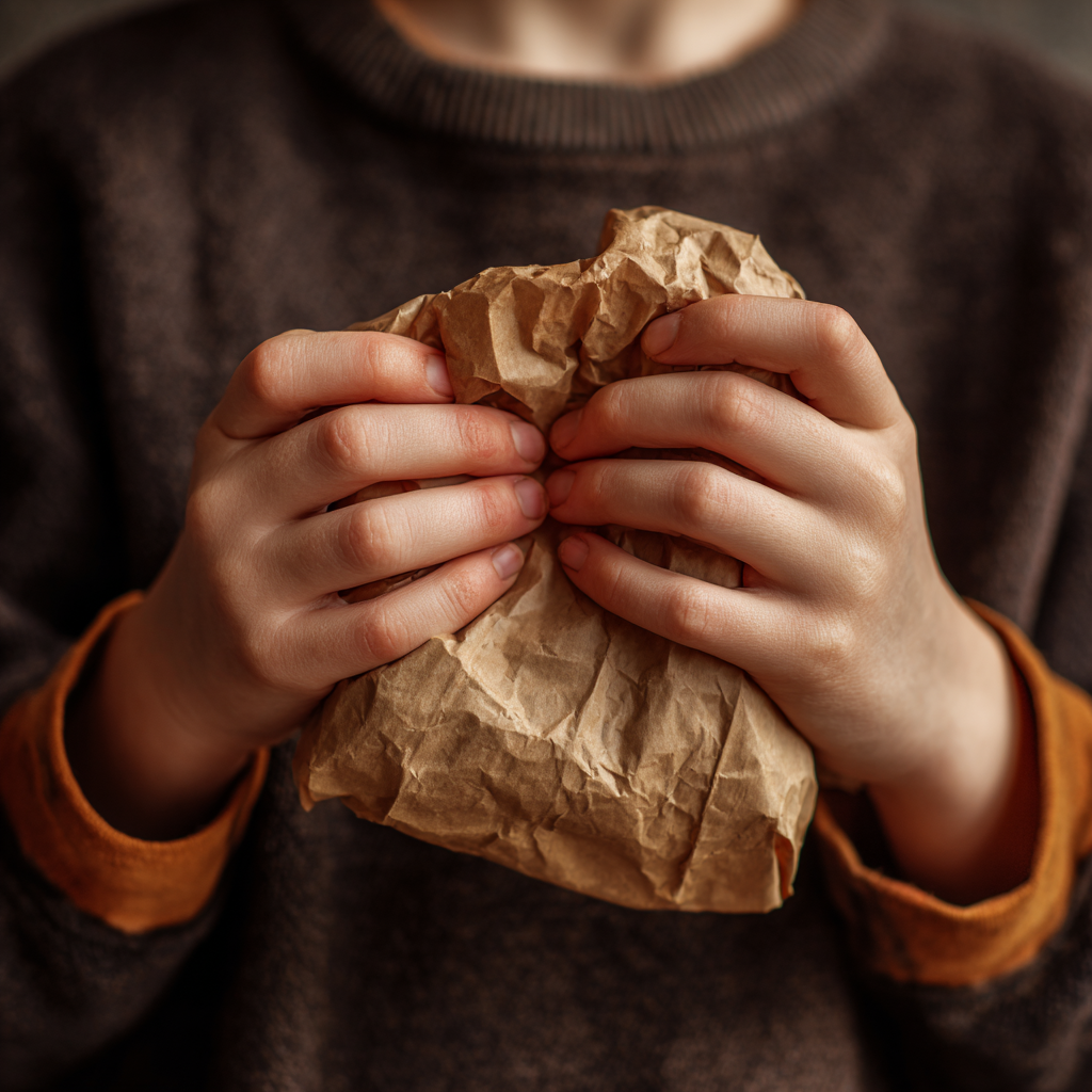 Un niño con una bolsa de papel marrón en la mano | Fuente: Midjourney