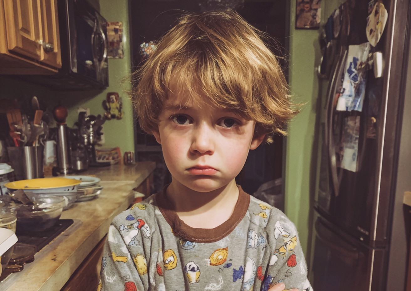 Un niño sombrío de pie en una cocina | Fuente: Midjourney