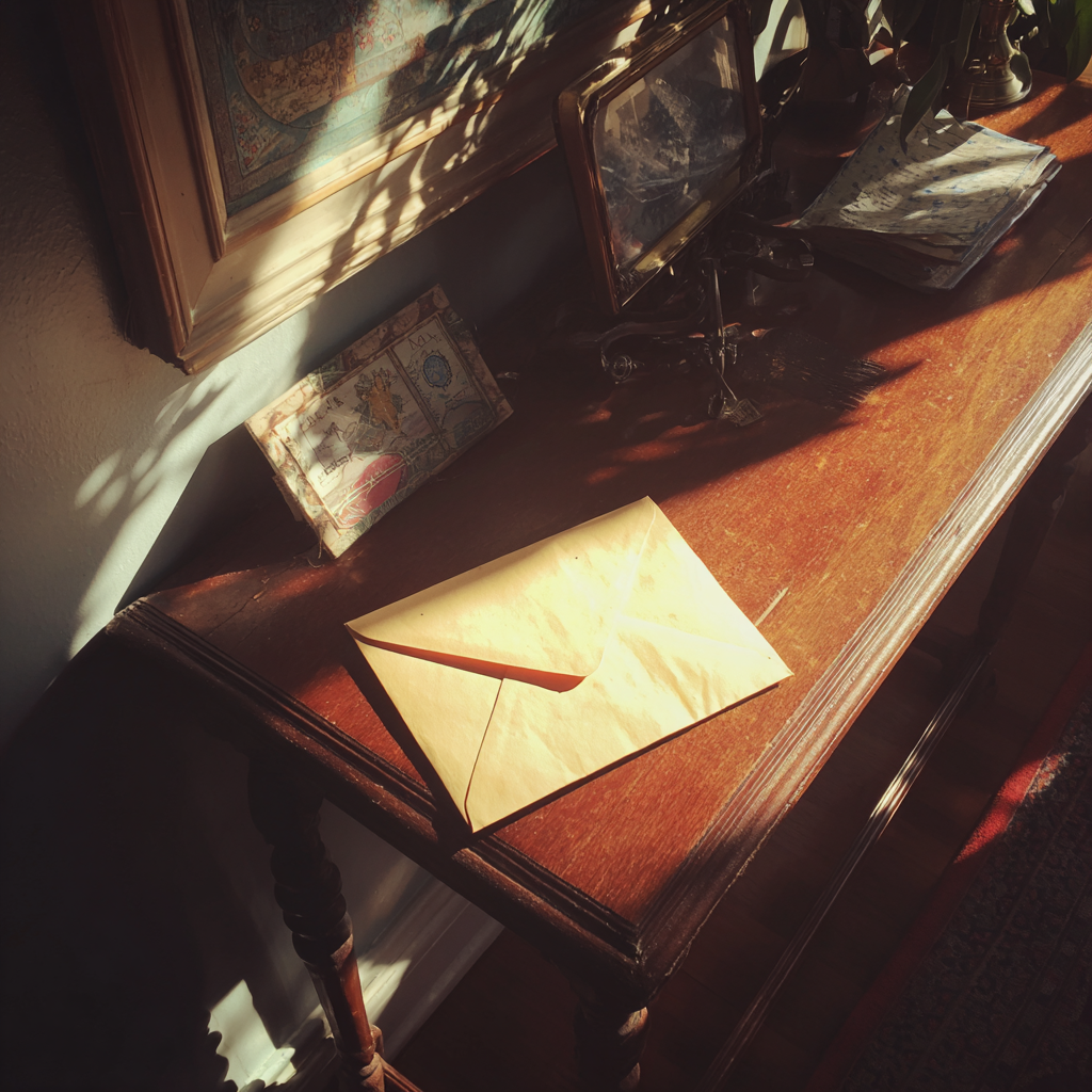 Un sobre sobre una mesa | Fuente: Midjourney