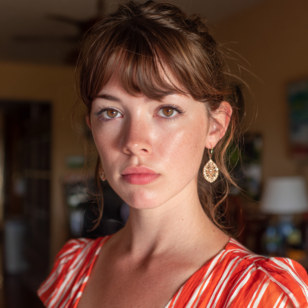 Una mujer pensativa con un vestido a rayas | Fuente: Midjourney