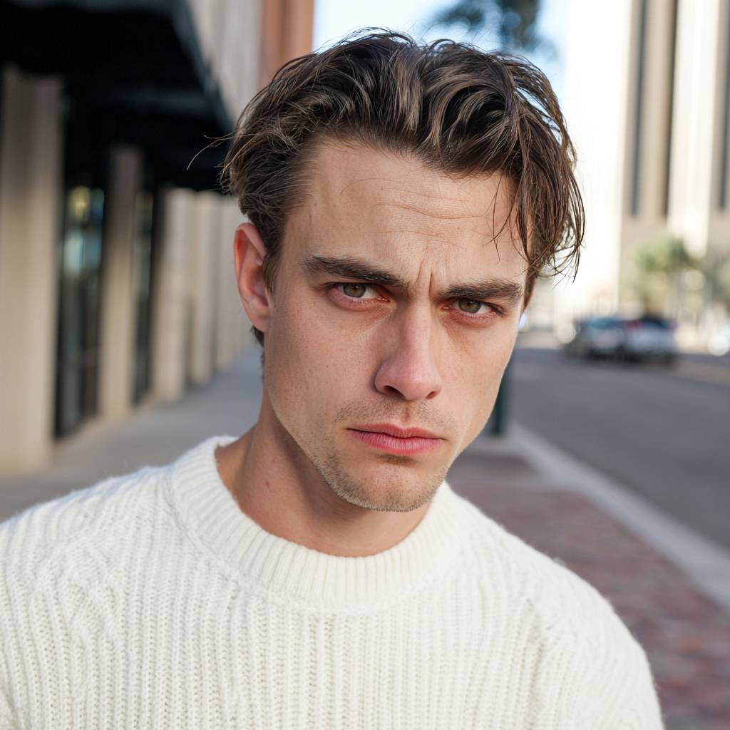 Un hombre enfadado y ceñudo con un jersey blanco | Fuente: Midjourney