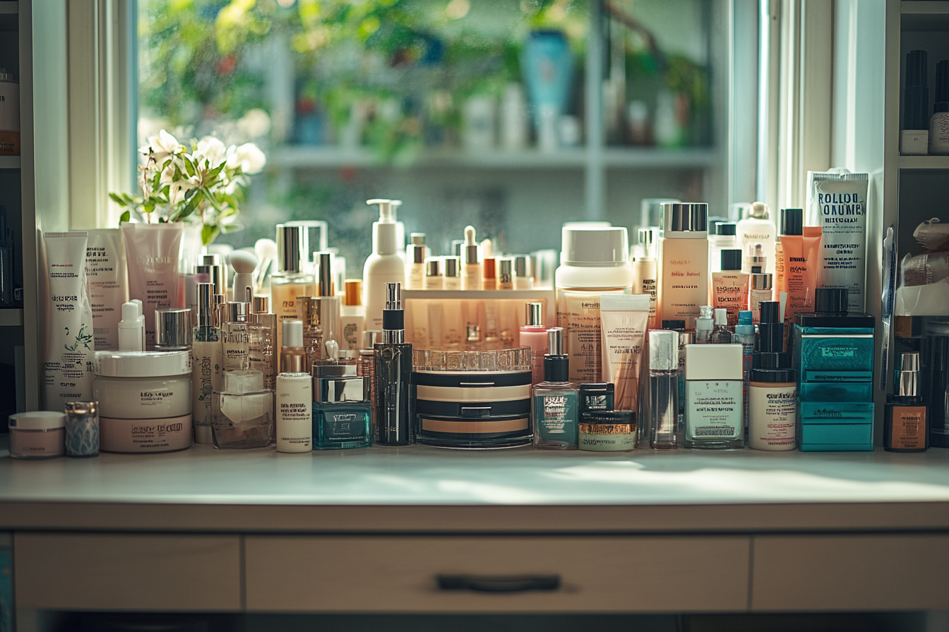 El tocador lleno de productos de belleza | Fuente: Midjourney