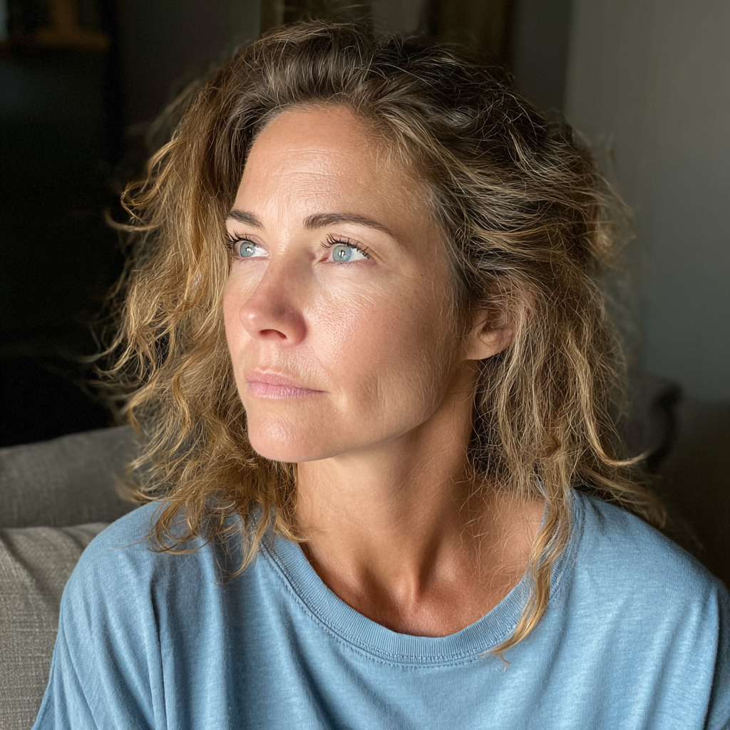 Una mujer emocionada con una camiseta azul | Fuente: Midjourney