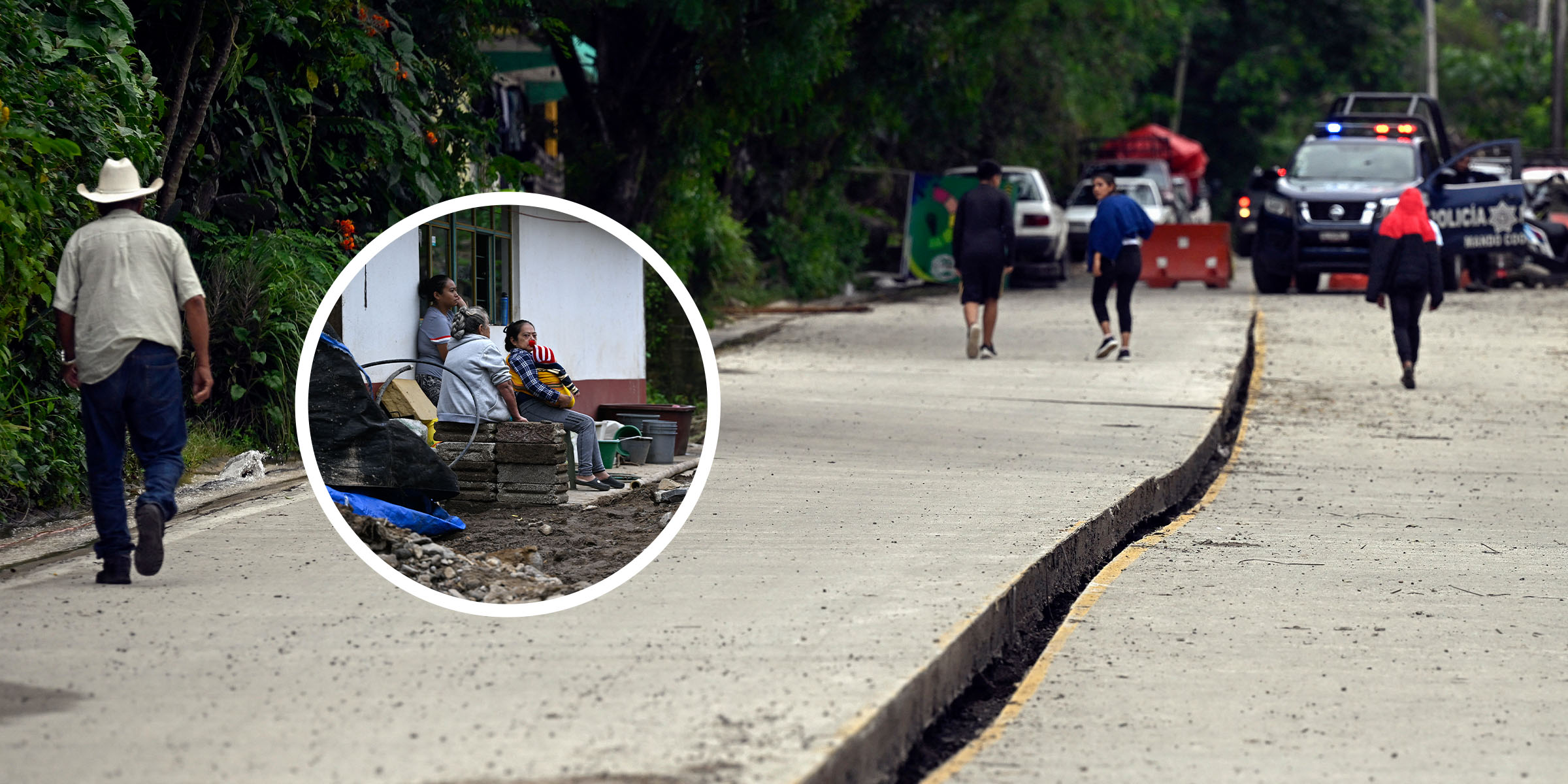 Personas caminando cerca del asfalto dañado a causa de las inundaciones en San Bartolo Tutotepec, estado de Hidalgo , Mexico, el 13 de octubre de 2025 | (circulo) Gente esperando ayuda en Tenango de Doria, estado de Hidalgo, Mexico | Fuente: Getty Images