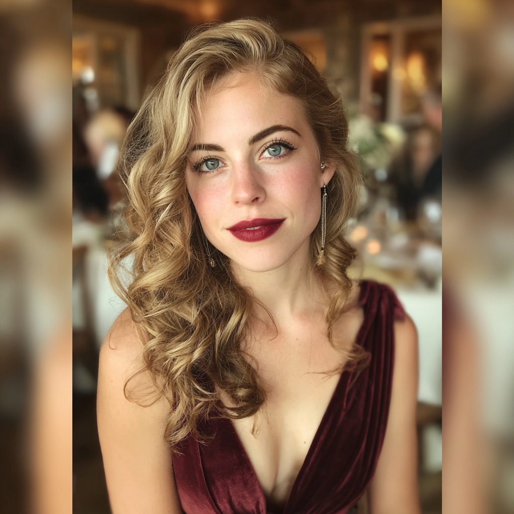 Una mujer con un vestido granate en un banquete de boda | Fuente: Midjourney