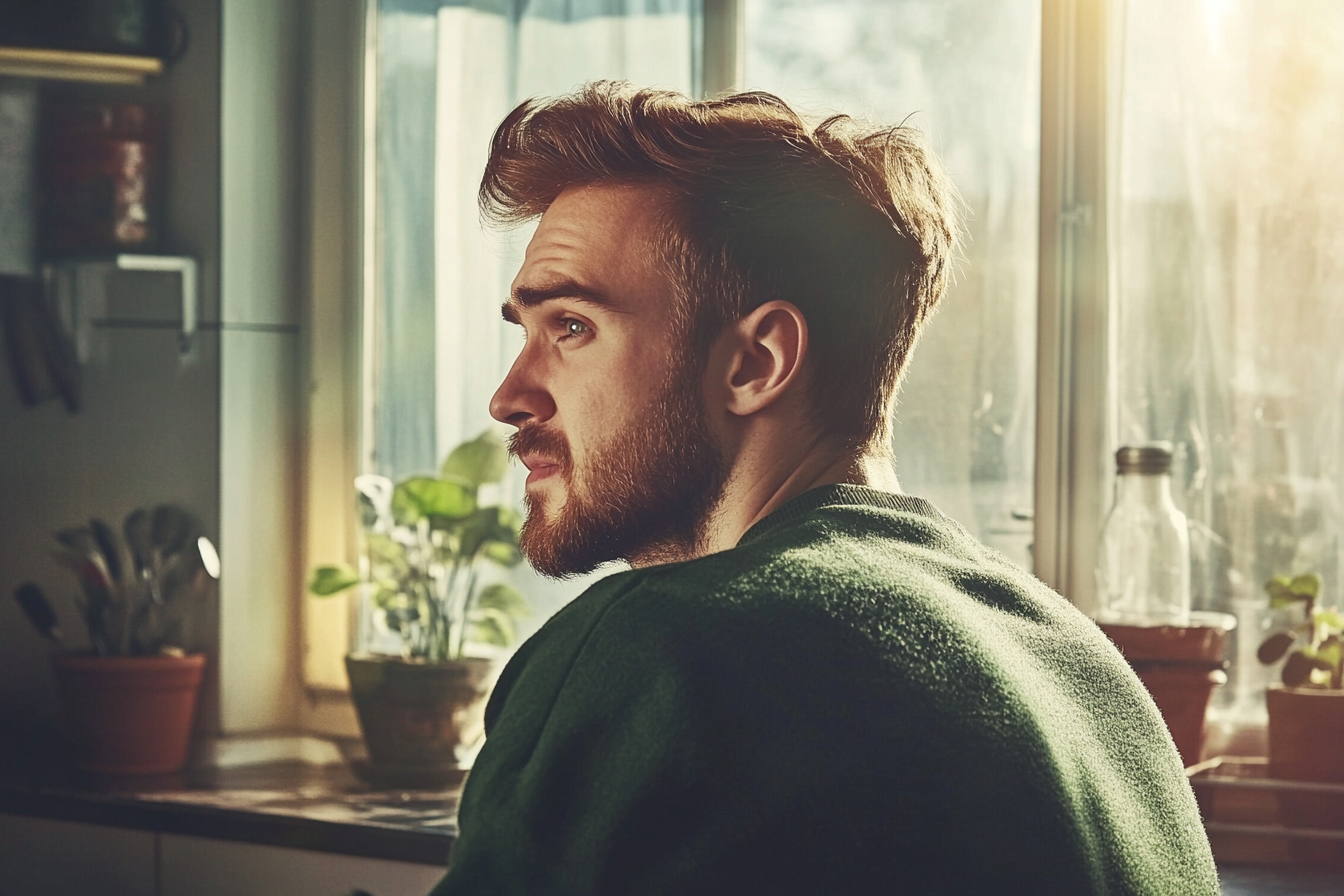 Un hombre triste perdido en sus pensamientos | Fuente: Midjourney