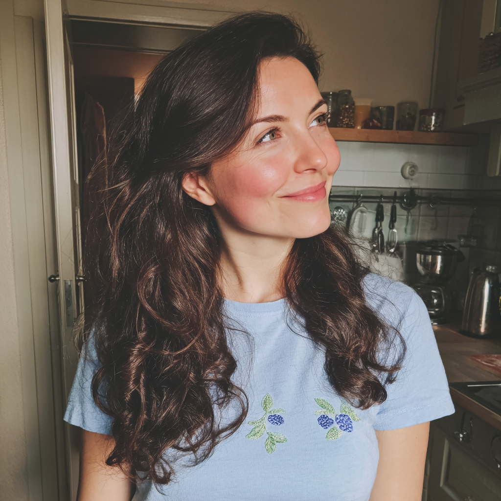 Una mujer sonriente de pie en una cocina | Fuente: Midjourney