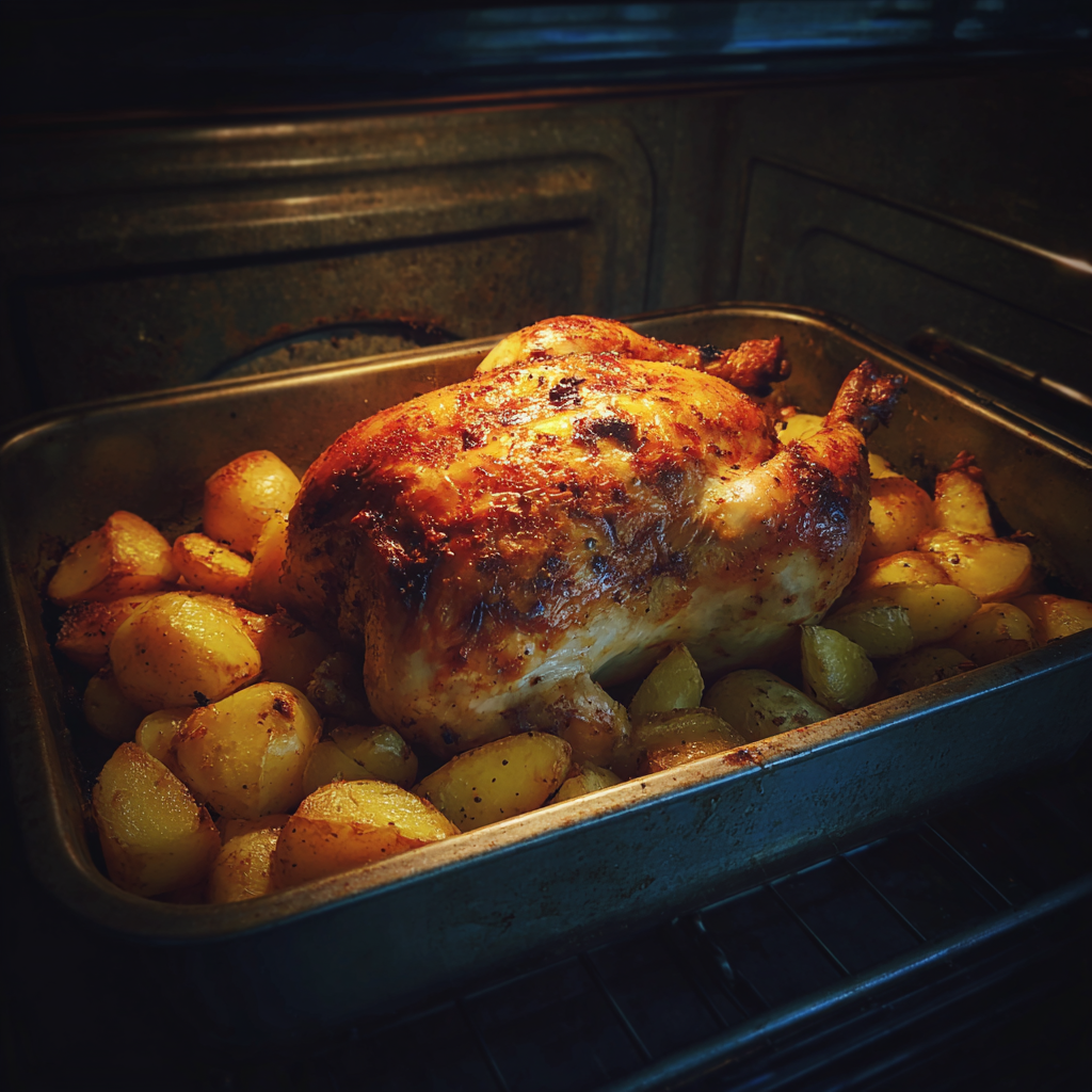 Un pollo asado en el horno | Fuente: Midjourney