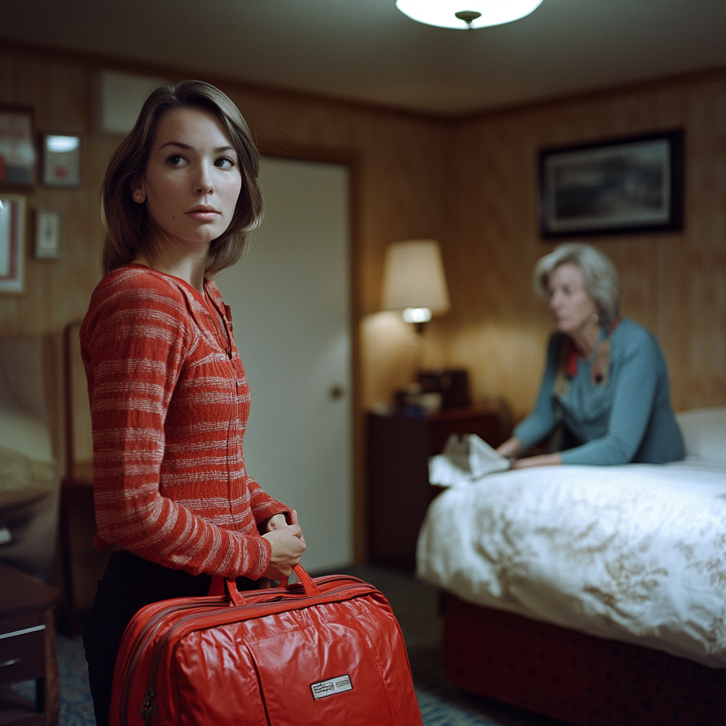 Sarah sujetando su bolso mientras Evelyn la vigila | Fuente: Midjourney