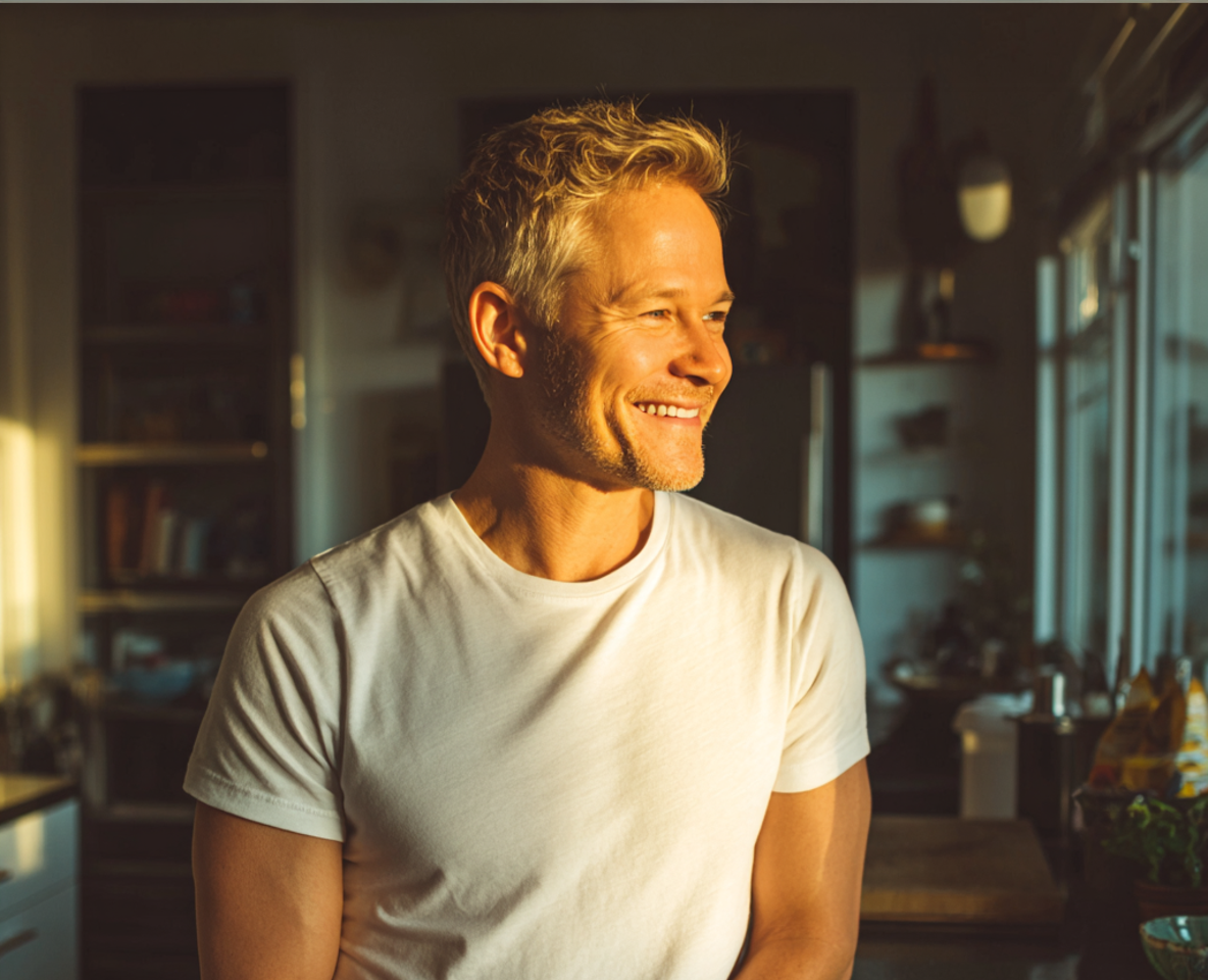 Un hombre sonriente de pie en una cocina | Fuente: Midjourney