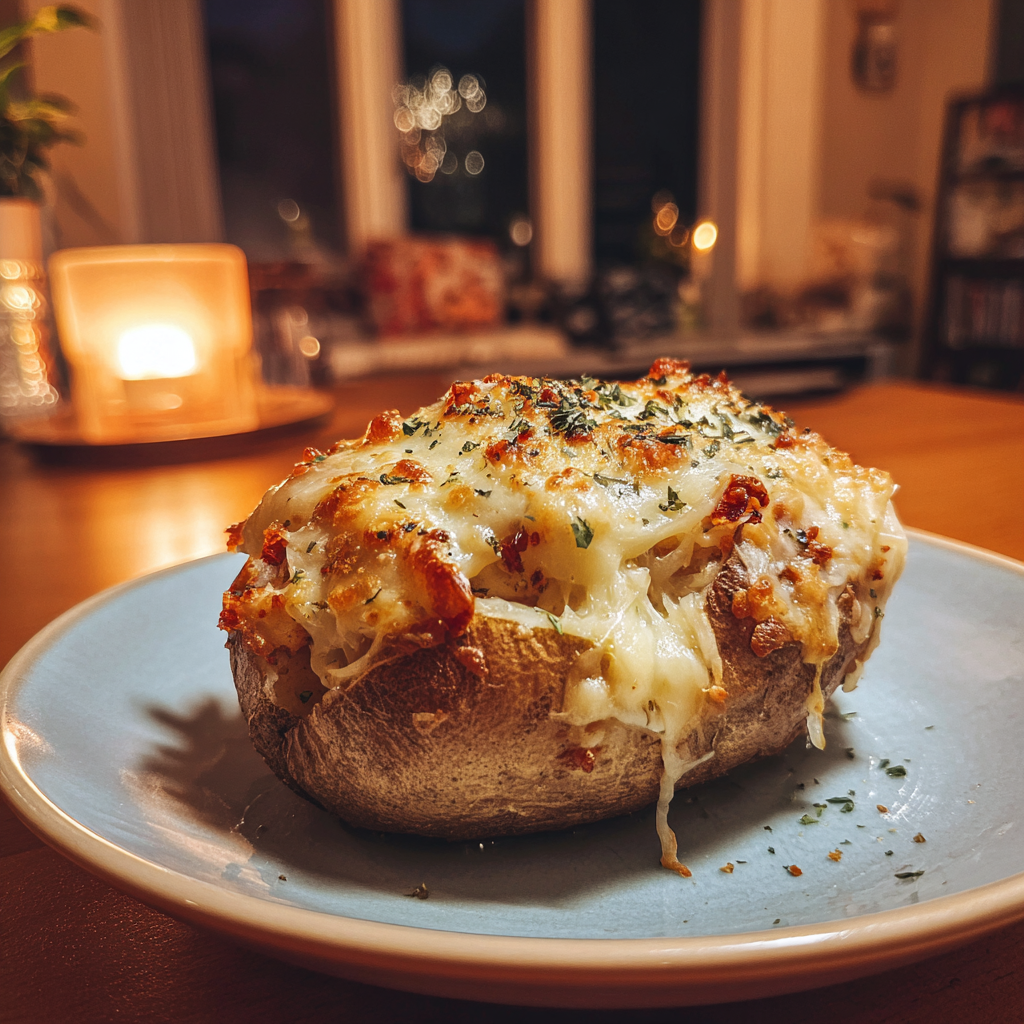 Una patata asada con queso sobre una mesa | Fuente: Midjourney
