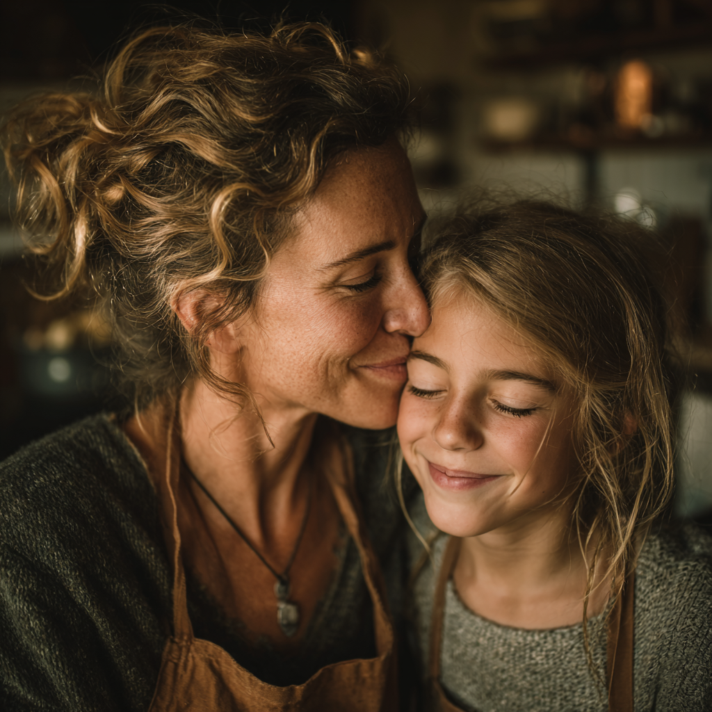 Una mamá besando a su hija | Fuente: Midjourney