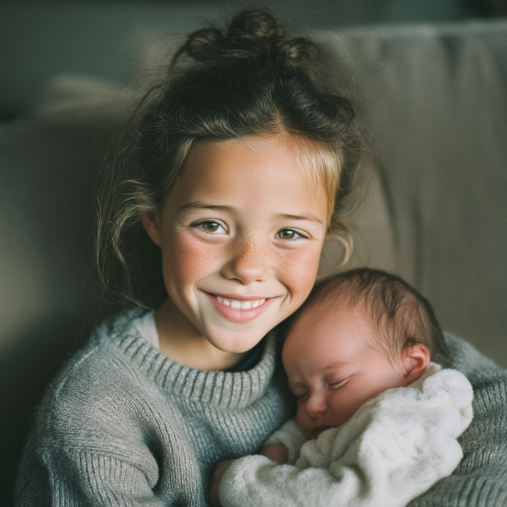 Una niña feliz con su hermanito en brazos | Fuente: Midjourney