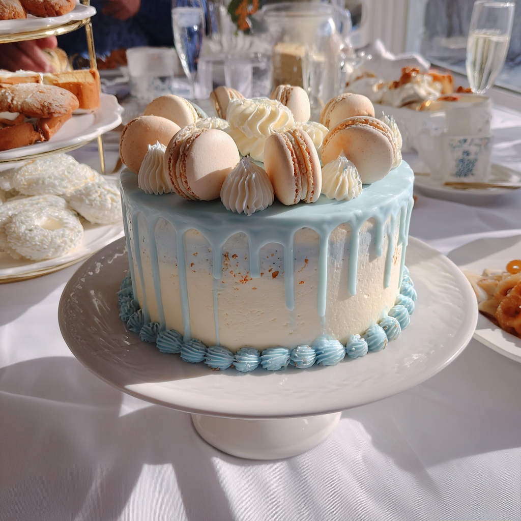 Pastel azul y blanco en un baby shower | Fuente: Midjourney