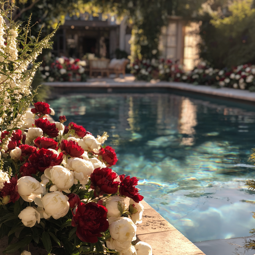 Ramos florales junto a una piscina | Fuente: Midjourney