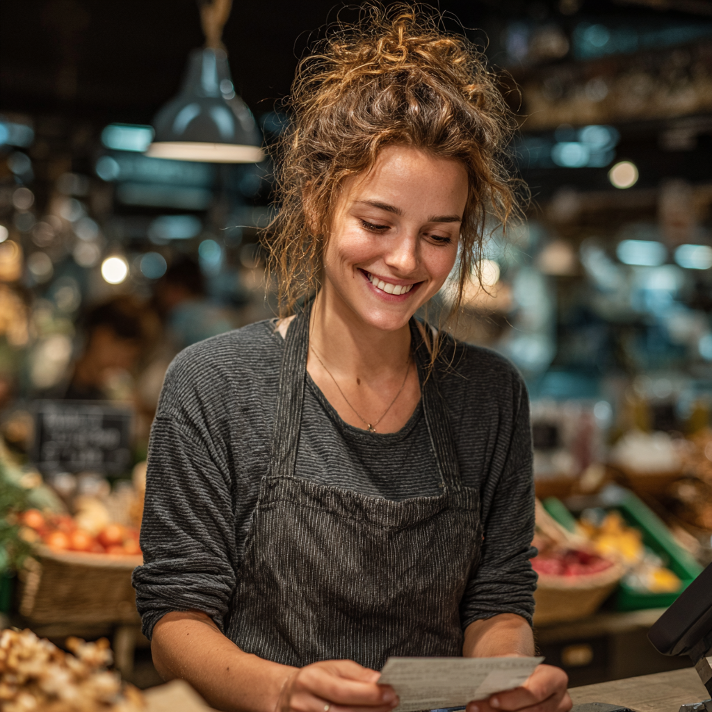 Una cajera feliz leyendo una nota | Fuente: Midjourney