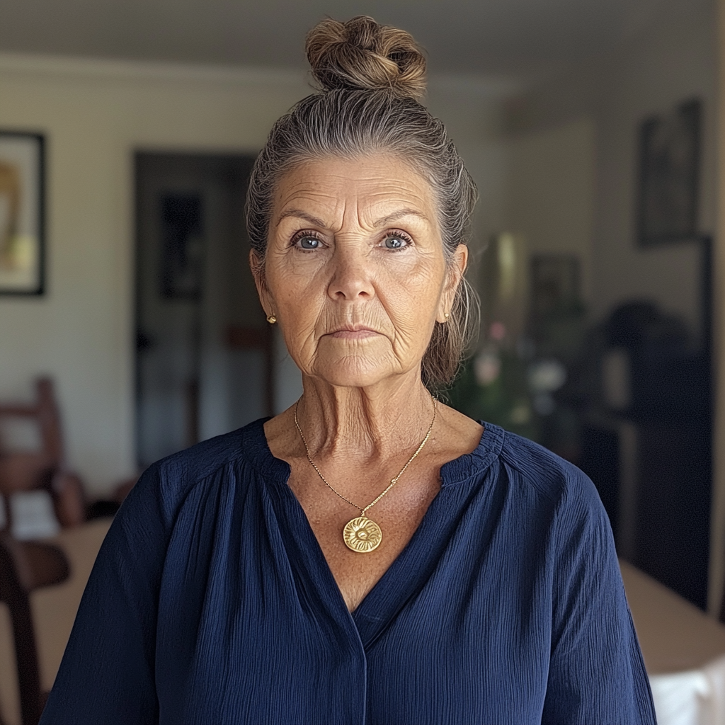 Una mujer mayor disgustada de pie en un comedor | Fuente: Midjourney