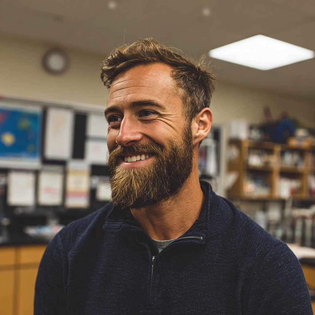 Un hombre sonriente de pie en un aula | Fuente: Midjourney