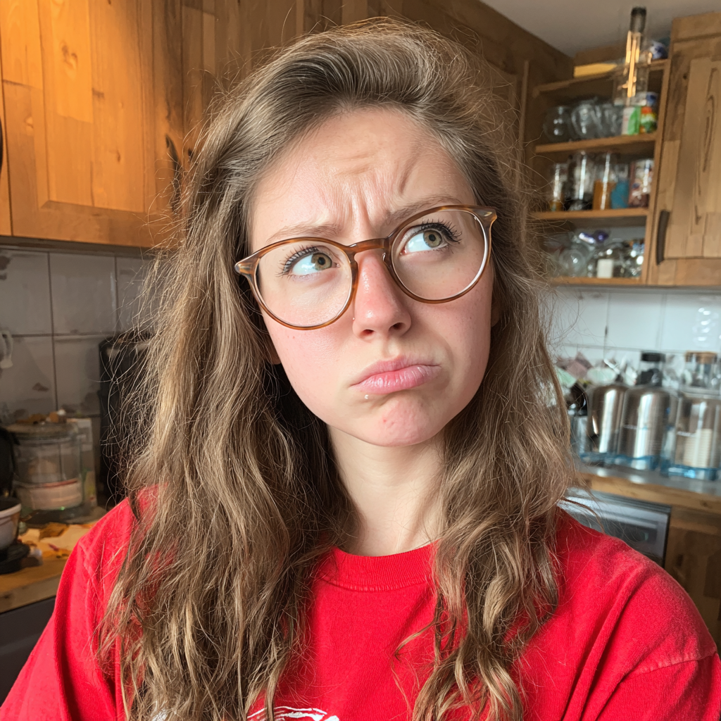 Una joven con el ceño fruncido de pie en una cocina | Fuente: Midjourney