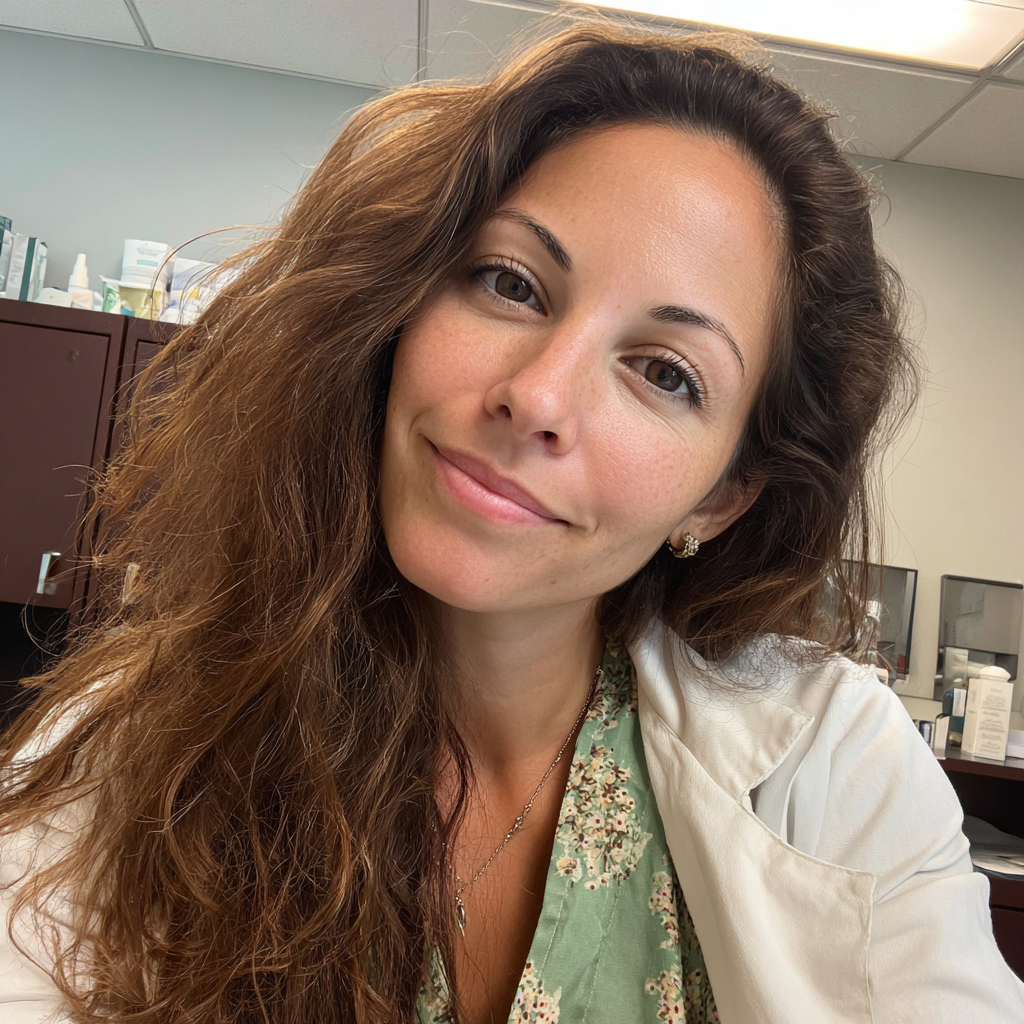 Una mujer sonriente con bata blanca | Fuente: Midjourney