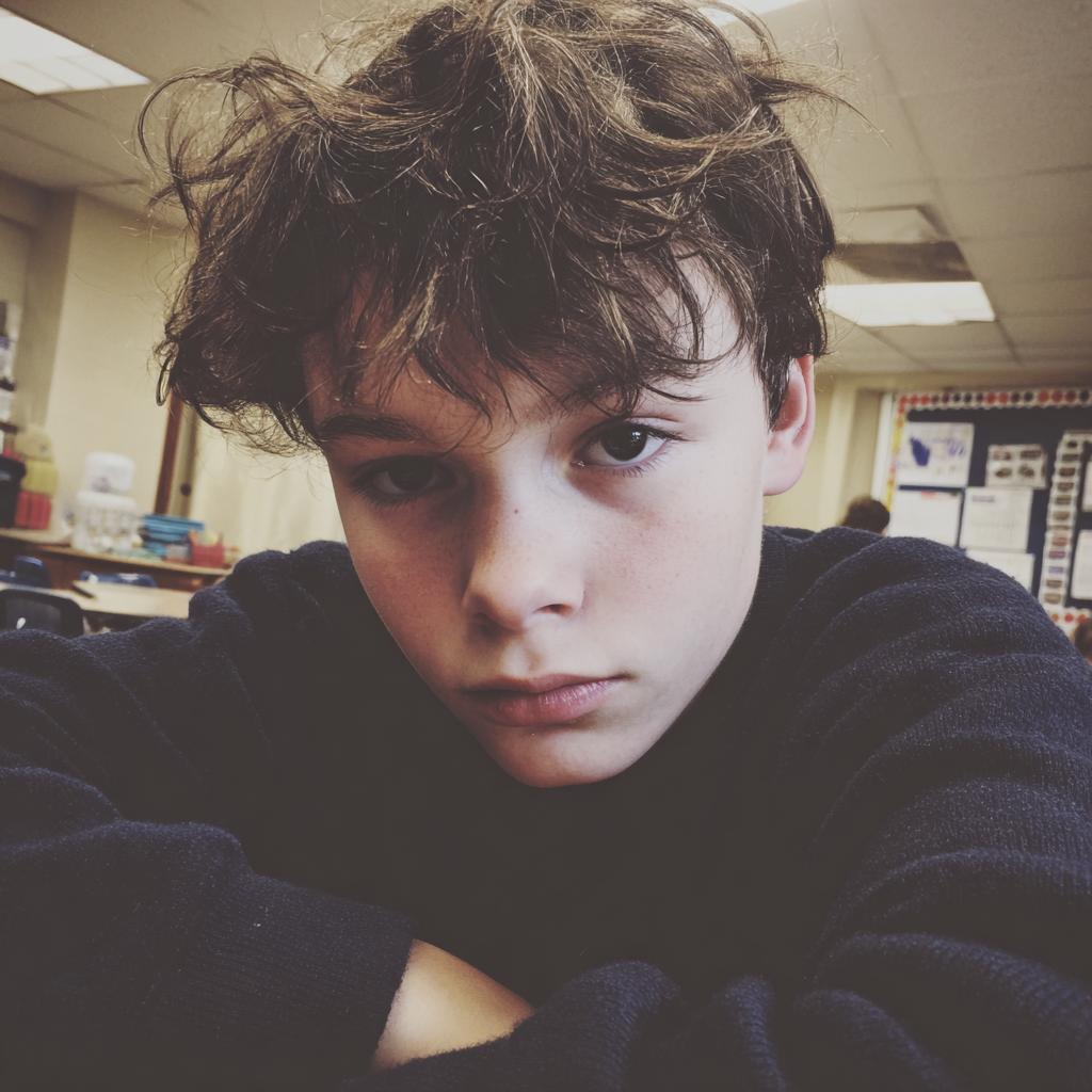 Un niño sentado en un salón de clases | Fuente: Midjourney