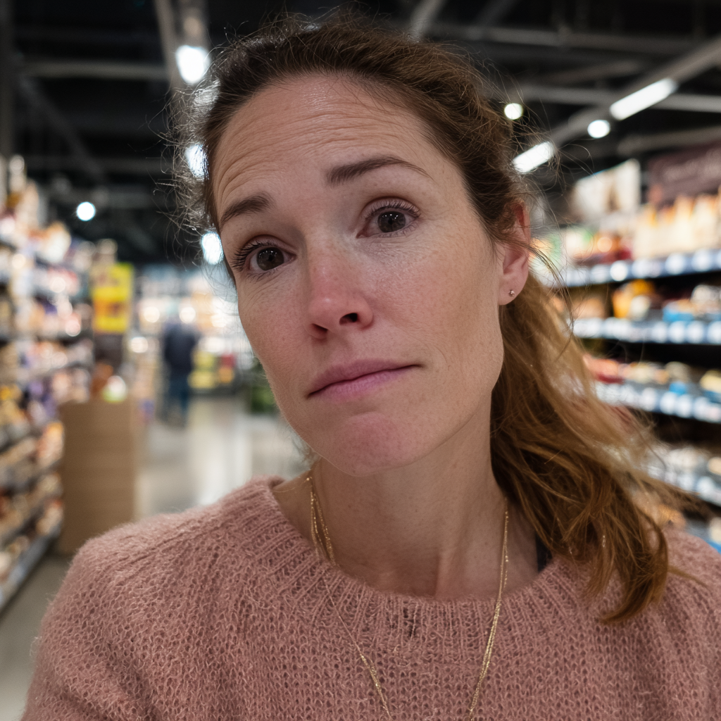 Una mujer con el ceño fruncido usando un suéter rosa | Fuente: Midjourney