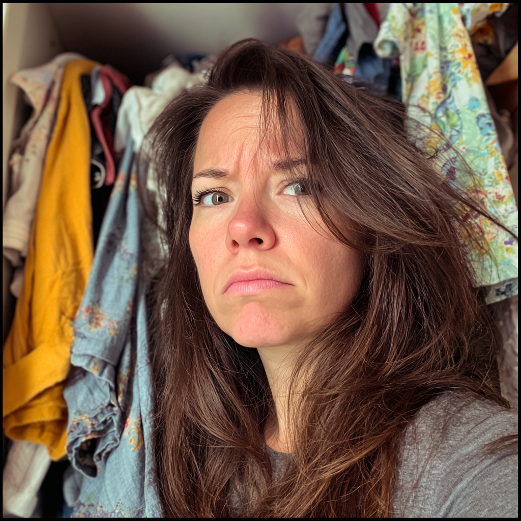 Una mujer ceñuda de pie en un dormitorio | Fuente: Midjourney