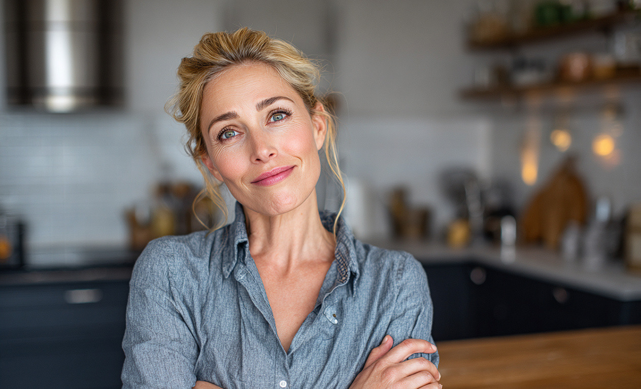 Una mujer en una cocina sonriendo a alguien | Fuente: Midjourney